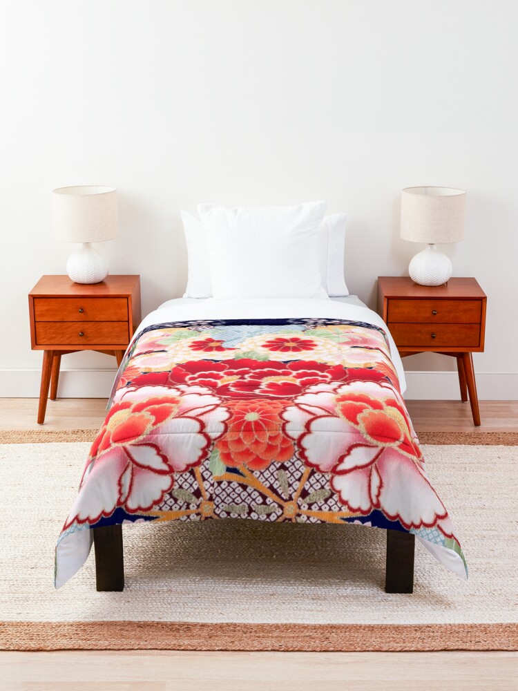 Alternate view of ANTIQUE JAPANESE FLOWERS Pink White Wild Roses Kimono Style Floral Comforter