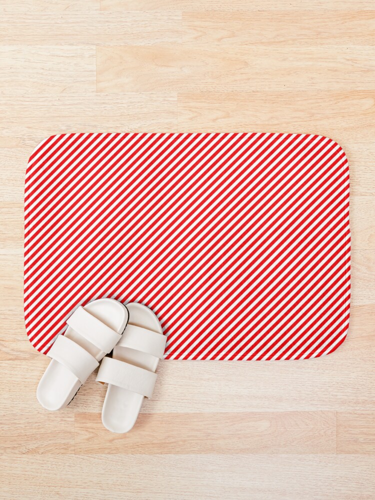 Christmas Red And White Candy Cane Diagonal Stripe Bath Mat By