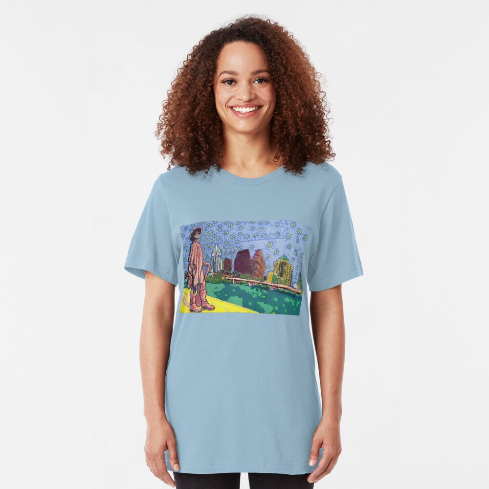 Stevie Ray Vaughan Statue, Austin, Texas Painting Slim Fit T-Shirt