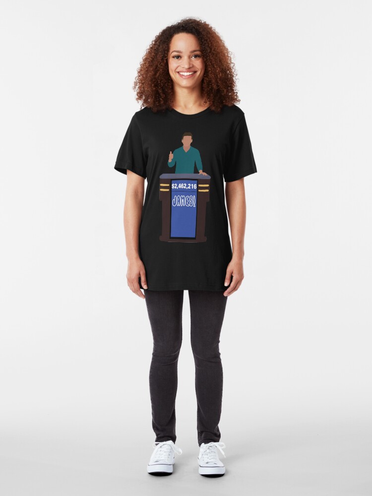 Alternate view of Heroes of Quiz Shows: James! Holzhauer at the Podium (new shirt) Slim Fit T-Shirt