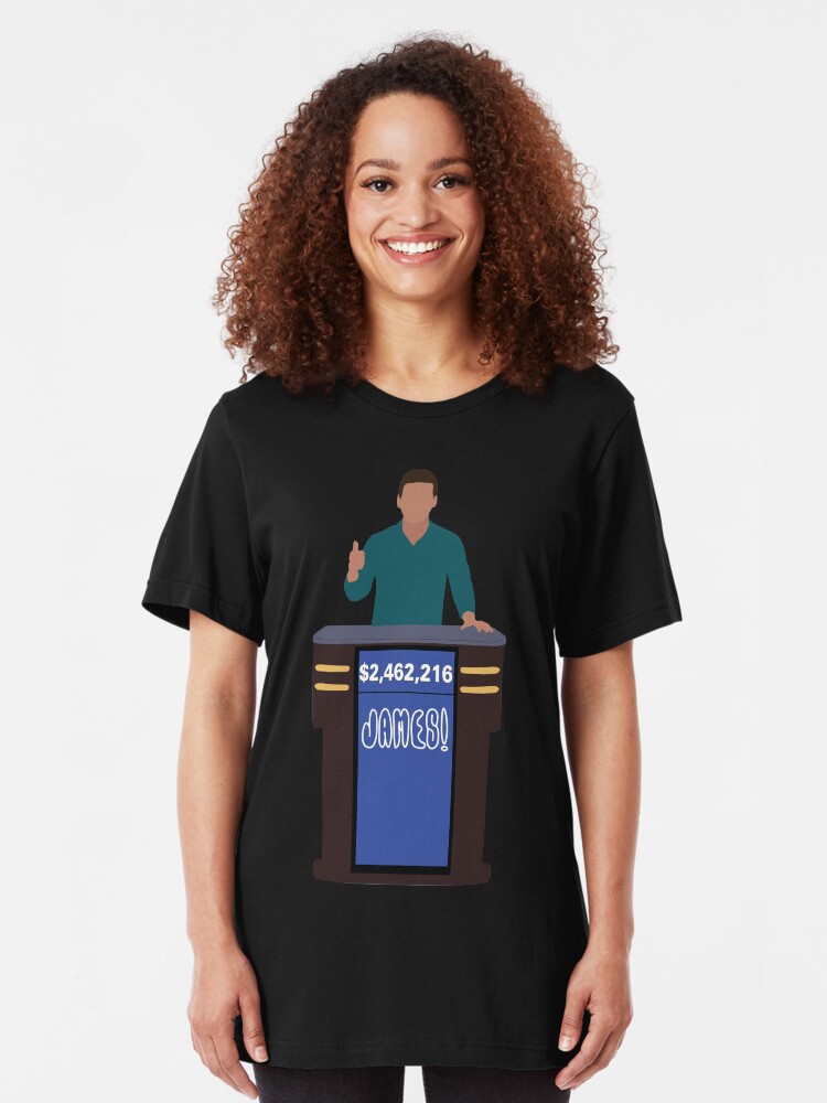 Alternate view of Heroes of Quiz Shows: James! Holzhauer at the Podium (new shirt) Slim Fit T-Shirt