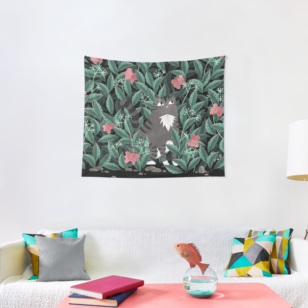 Butterfly Garden (Tabby Cat Version) Tapestry