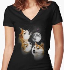 Three Doge Moon Women's Fitted V-Neck T-Shirt