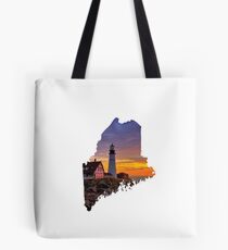 Maine-Leuchtturm-Sonnenuntergangkarte Tote Bag