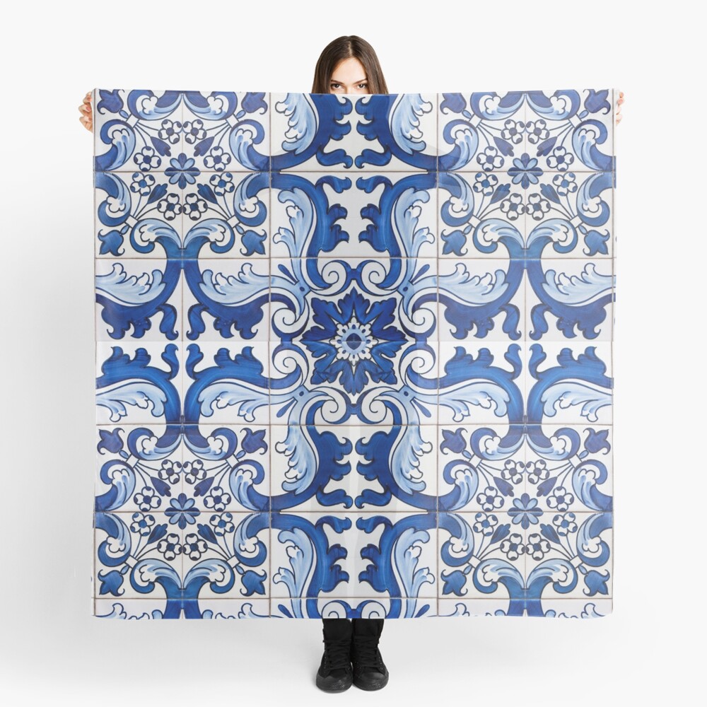 Antique Azulejo Tile Floral Pattern Scarf