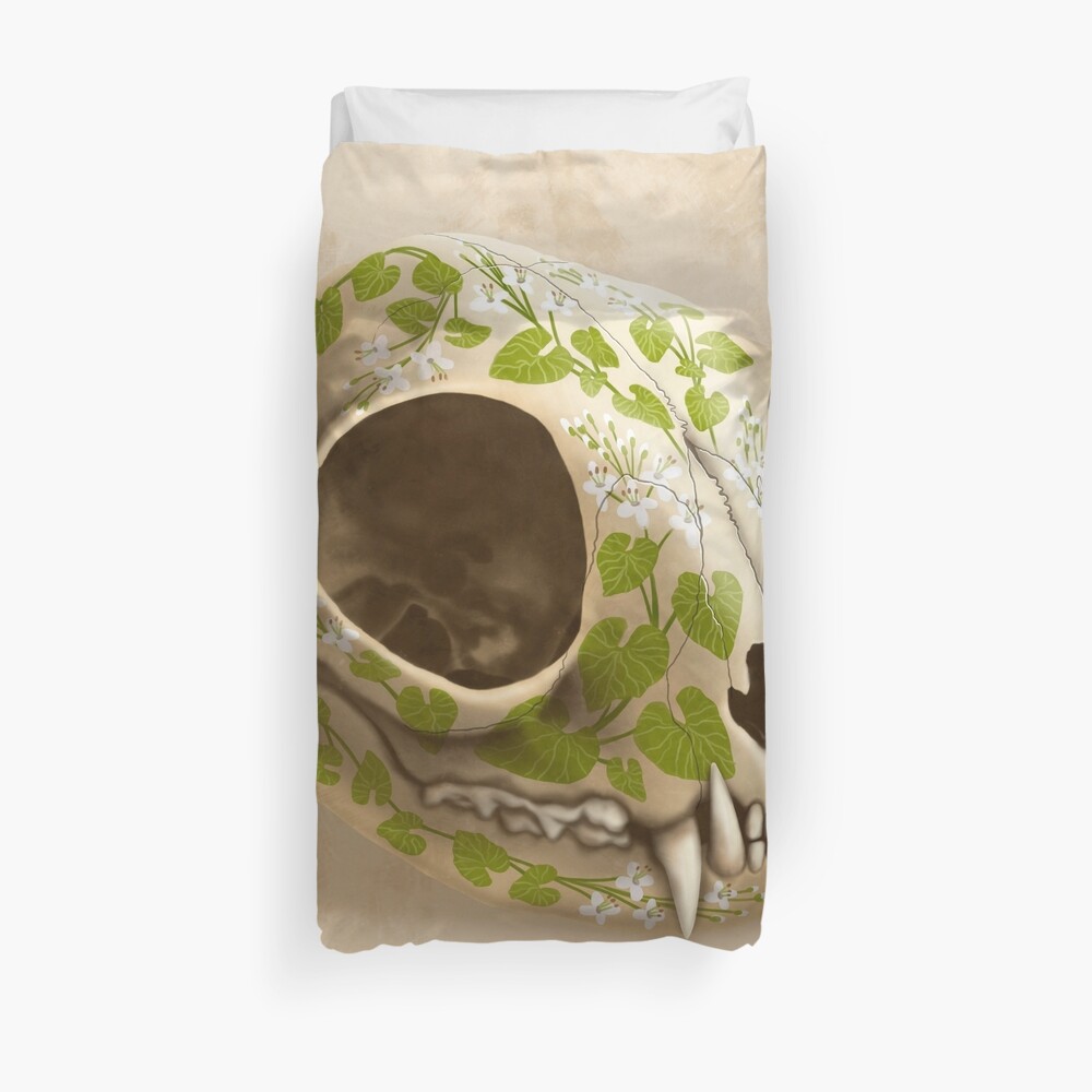 cat skull decorated with wasabi flowers Duvet Cover