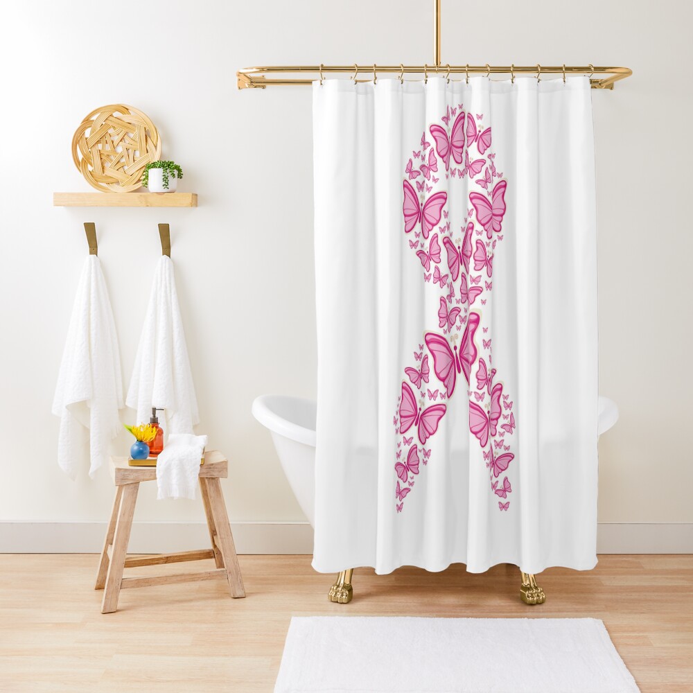 "Breast Cancer Awareness Day Pink Ribbon" Shower Curtain by ohmydesign