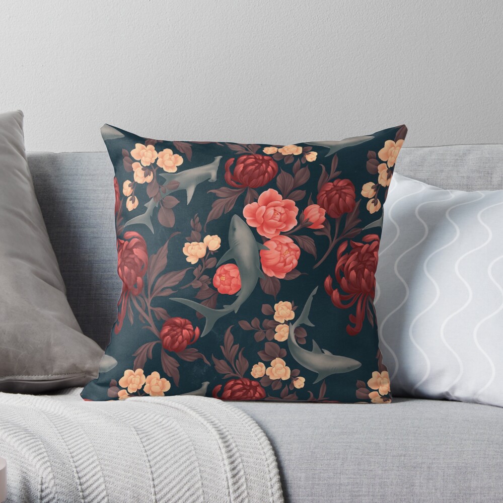 Botanical Shark (Red and Blue) Throw Pillow