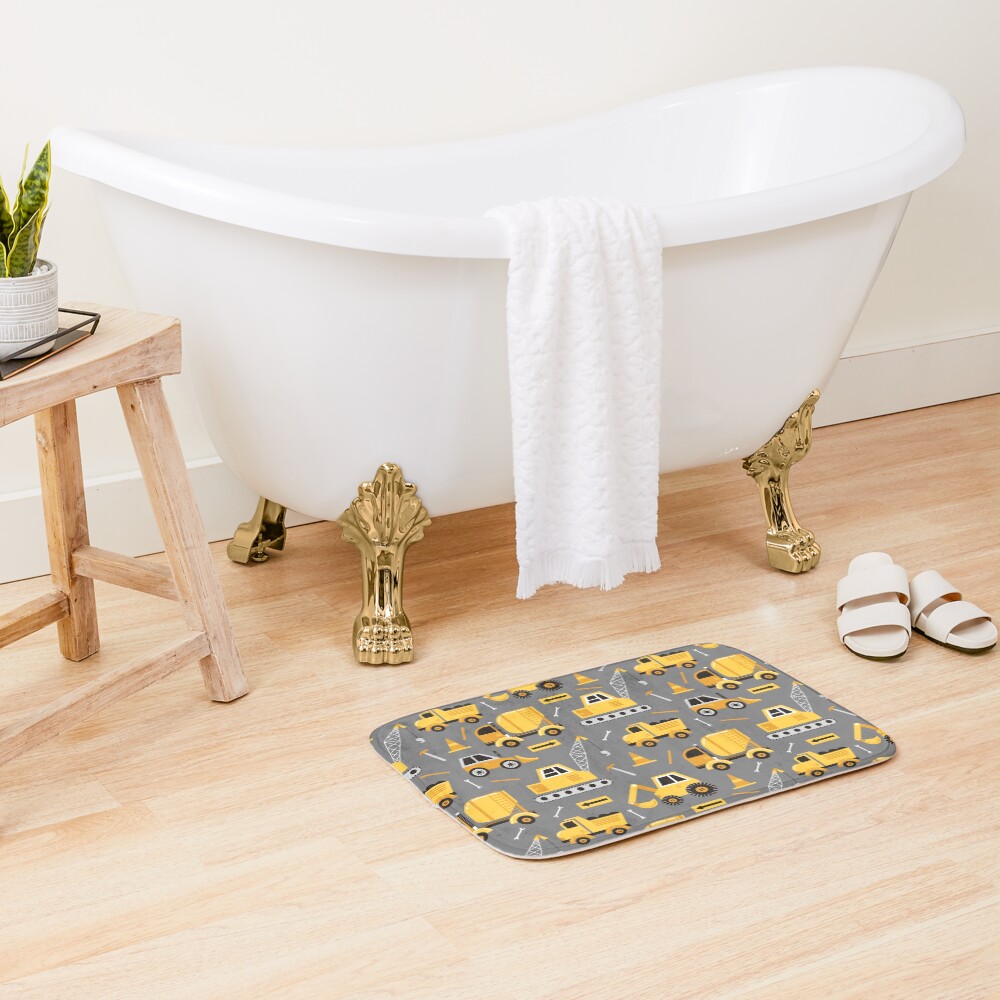 Construction Trucks on Gray Bath Mat