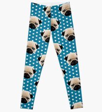 Pug Faces on Blue with White Hearts Leggings