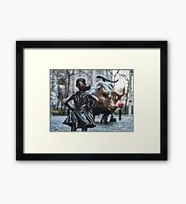 Close up of Fearless Girl statue facing Charging Bull in New York City | Classic chrome Framed Print