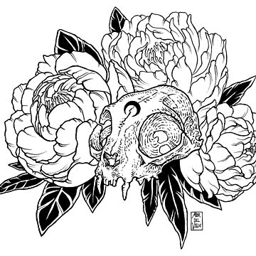 Artwork thumbnail, Cat Skull with Peonies - Black Line by mardelvallearts
