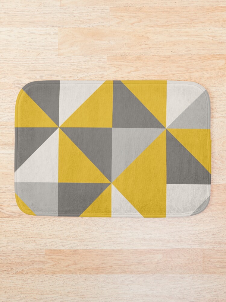 "Retro Triangle Design in Yellow and Grey" Bath Mat by latheandquill