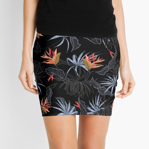 Tropical Bird of Paradise on Black Mini Skirt