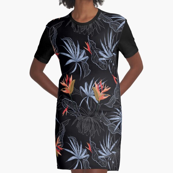 Tropical Bird of Paradise on Black Graphic T-Shirt Dress