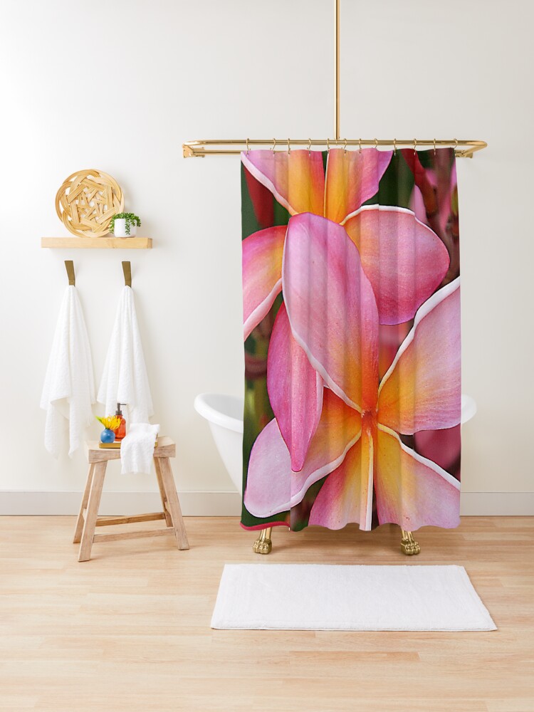 Tropical Hawaiian Plumerias Popping In Pink Shower Curtain By