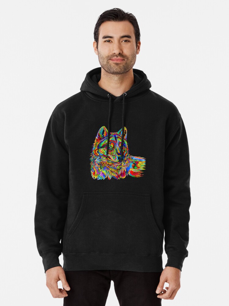 trippy wolf print pullover hoodie