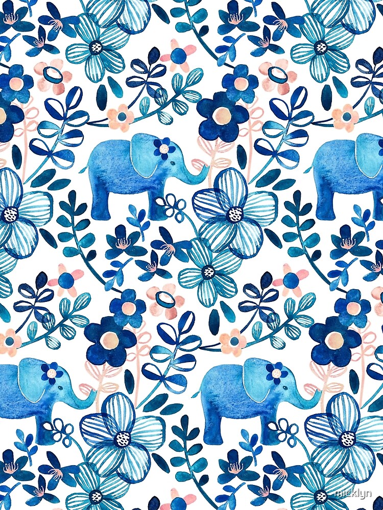 Blush Pink, White and Blue Elephant and Floral Watercolor Pattern by micklyn