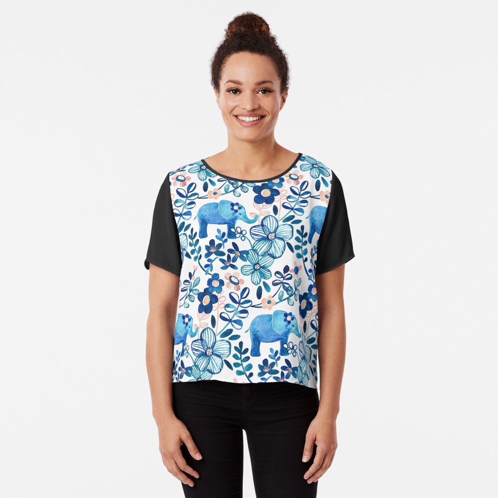 Blush Pink, White and Blue Elephant and Floral Watercolor Pattern Chiffon Top