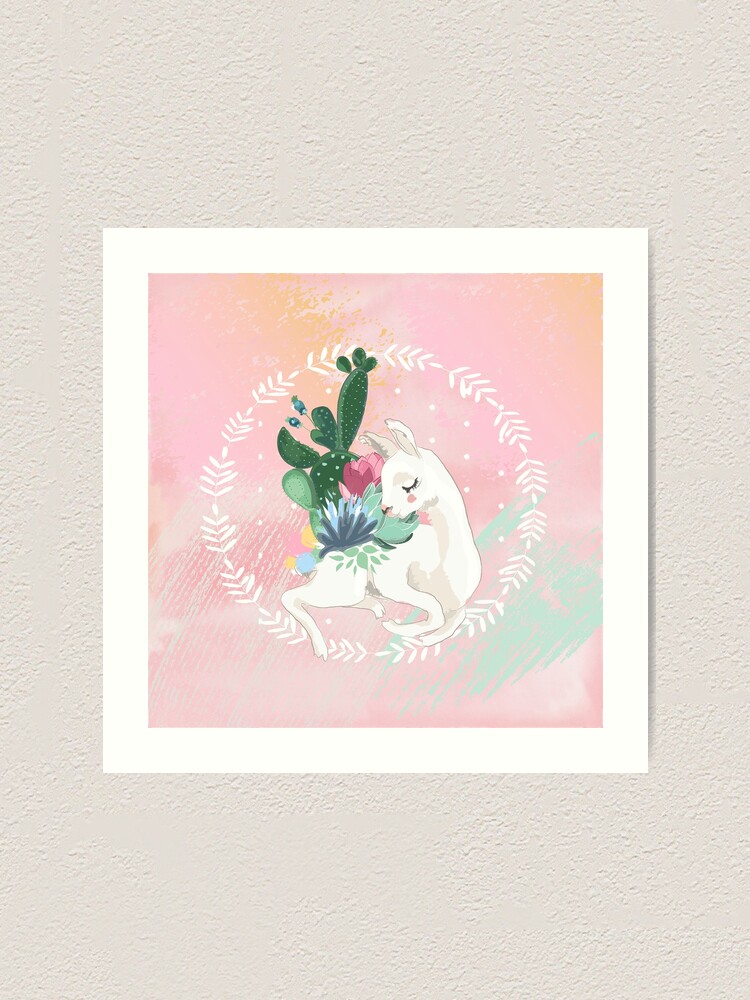 Watercolor Lllama And Cactus With Light Pink And Blue Background