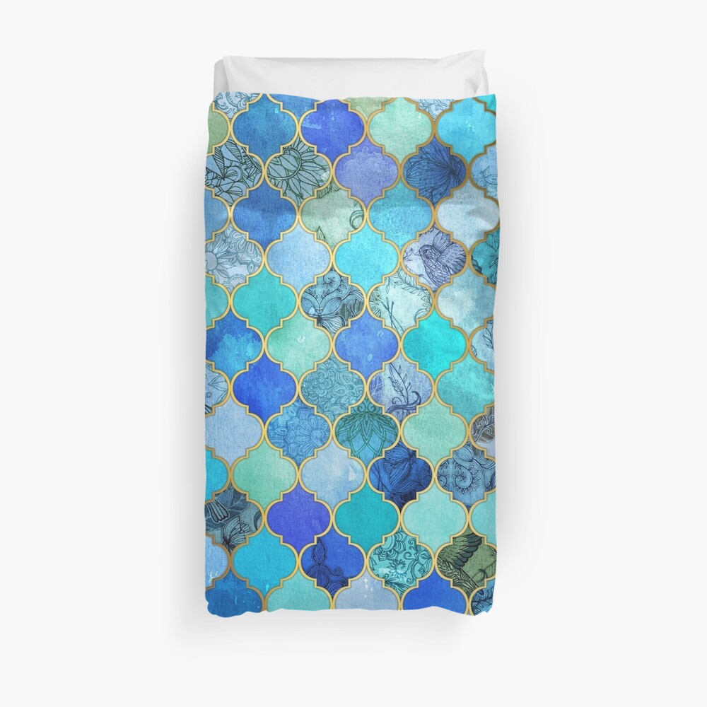 "Cobalt Blue, Aqua & Gold Decorative Moroccan Tile Pattern" Duvet Cover