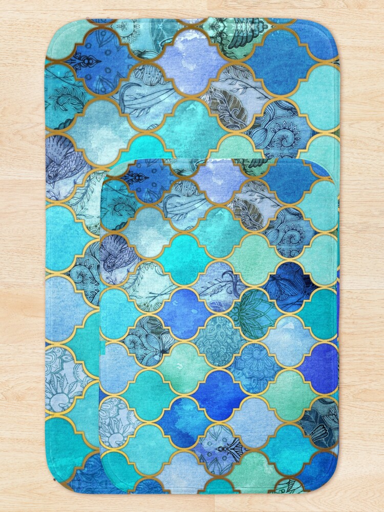 Alternate view of Cobalt Blue, Aqua & Gold Decorative Moroccan Tile Pattern Bath Mat