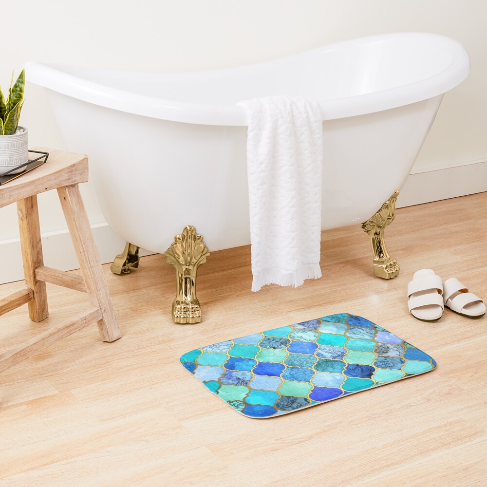 Cobalt Blue, Aqua & Gold Decorative Moroccan Tile Pattern Bath Mat