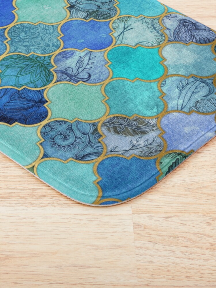 Alternate view of Cobalt Blue, Aqua & Gold Decorative Moroccan Tile Pattern Bath Mat