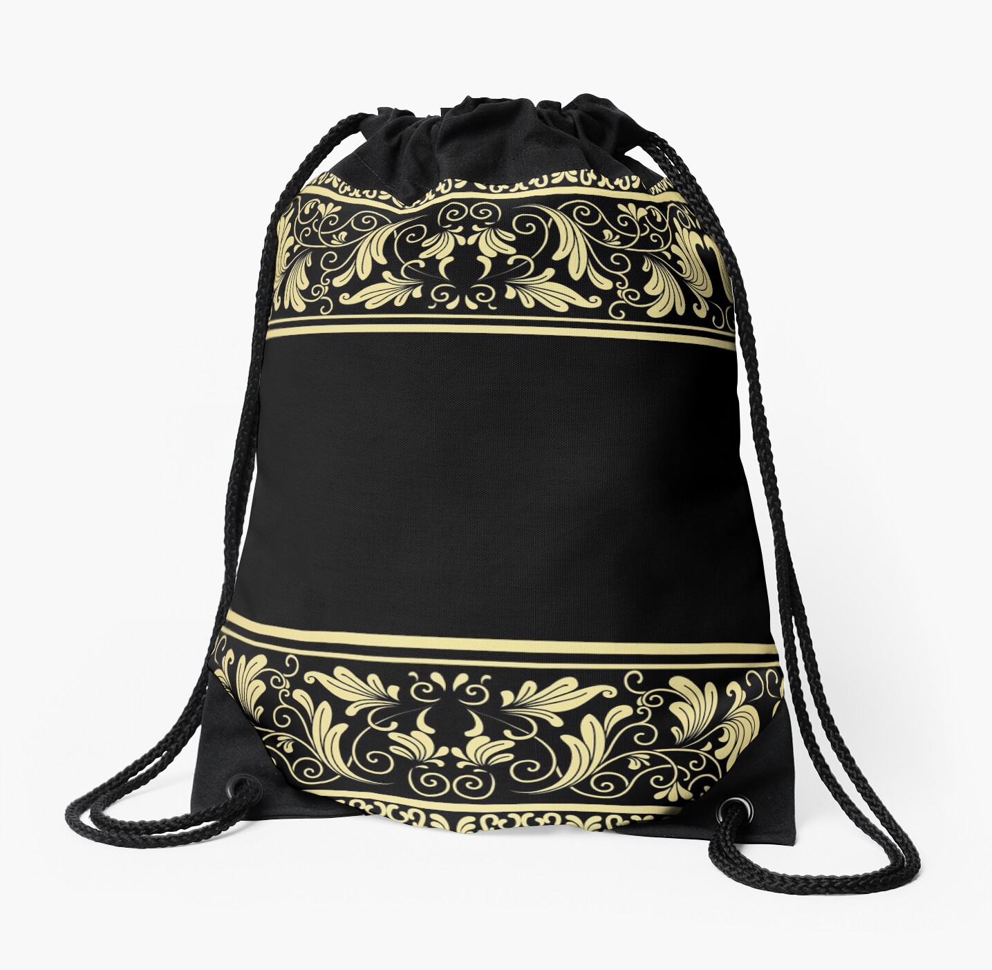"Black Gold Border Floral" Drawstring Bag by SpiceTree Redbubble