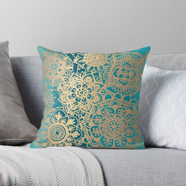 Teal Green and Gold Mandala Pattern Throw Pillow