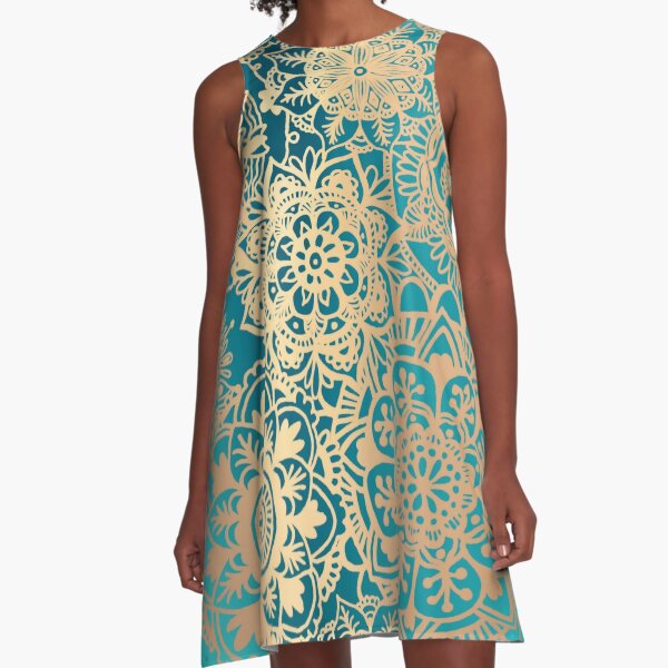 Teal Green and Gold Mandala Pattern A-Line Dress