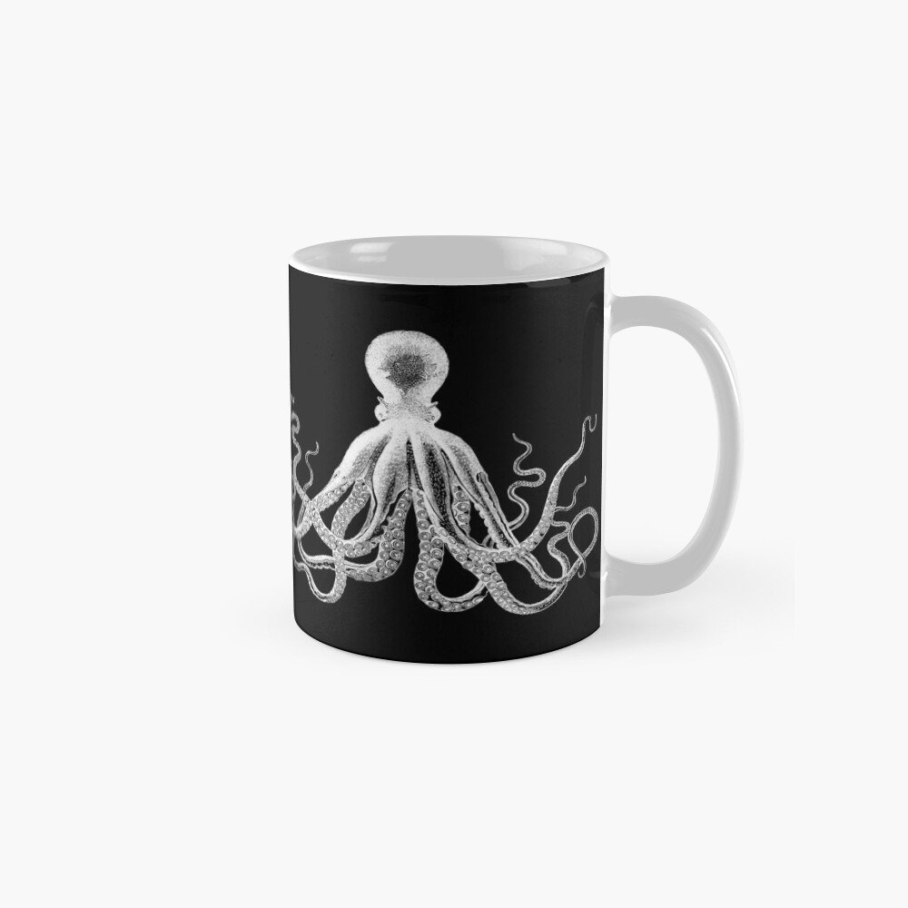 Krake | Weinlese-Krake | Tentakeln | Meeresbewohner | Nautik | Ozean | Meer | Strand | Schwarz und weiß | Tasse