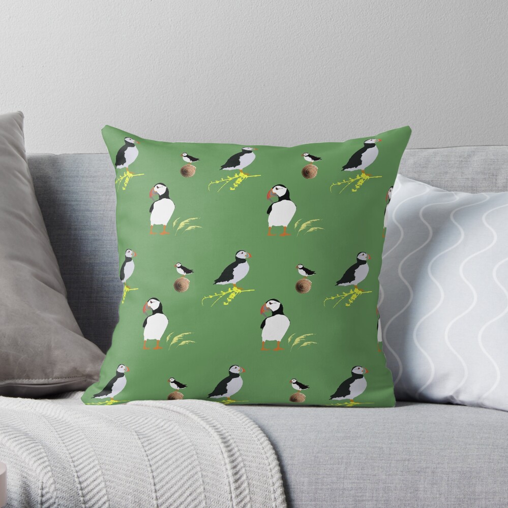 Puffins in green Throw Pillow