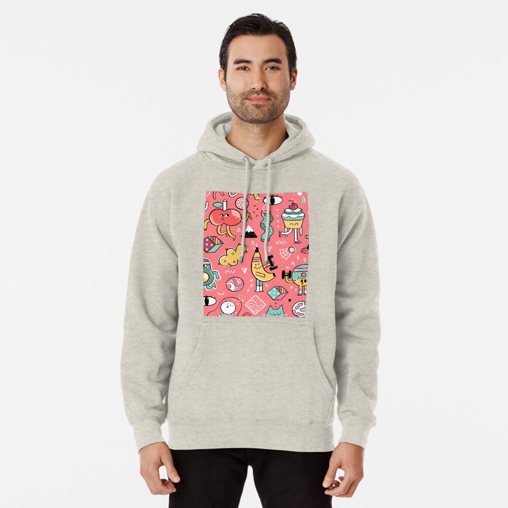 Funny crazy avocado, banana, ice cream, apple, cat, cupcake. Fitness food. Pullover Hoodie