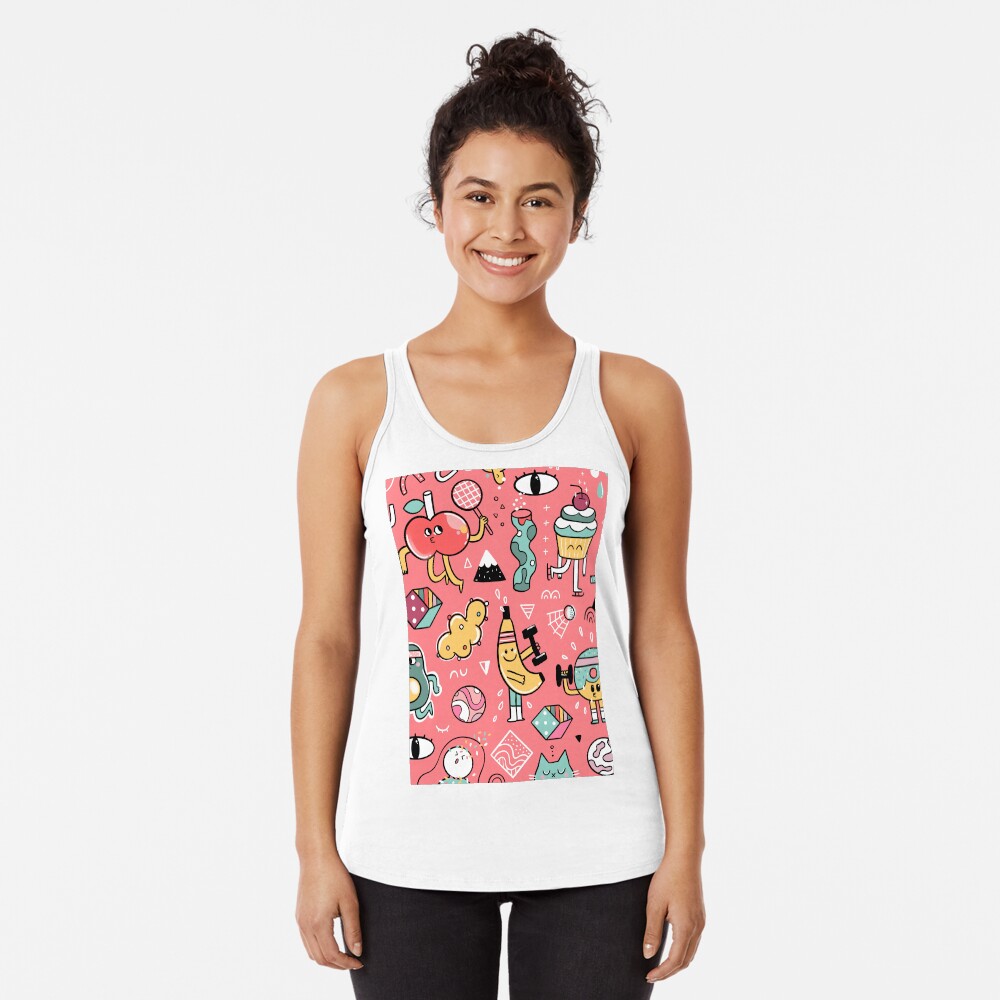 Funny crazy avocado, banana, ice cream, apple, cat, cupcake. Fitness food. Racerback Tank Top