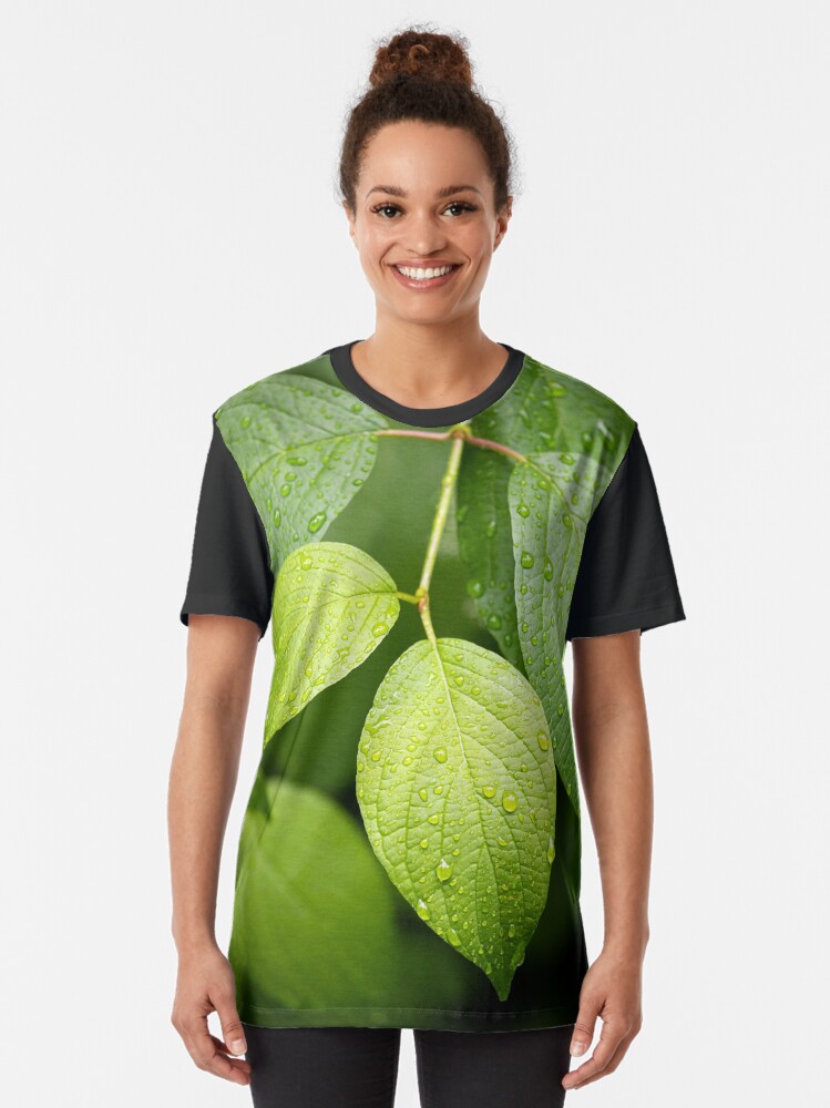 Alternate view of Water drops on green leaves after rain Graphic T-Shirt