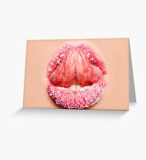 Seductive tongue licks beautiful female lips in sugar Greeting Card