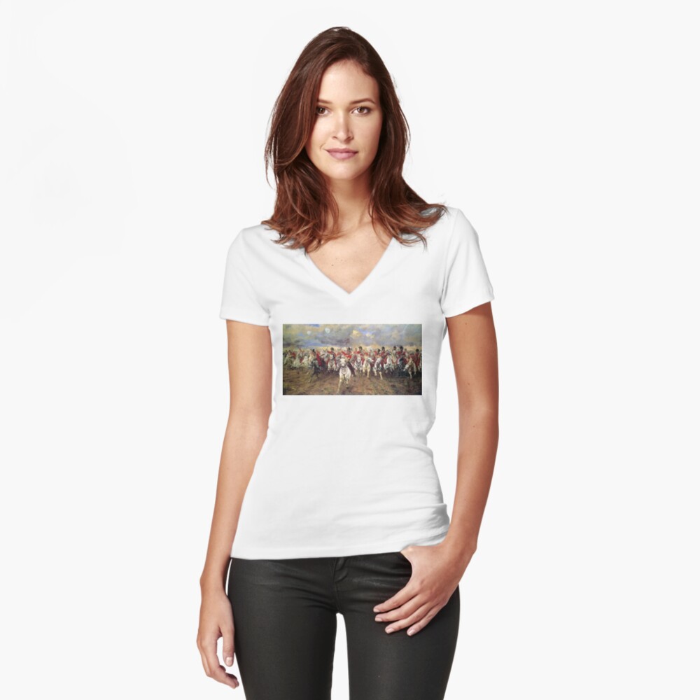 Scotland Forever! 1881, Battle of Waterloo, Lady Butler, Charge of the Royal Scots Greys. Fitted V-Neck T-Shirt