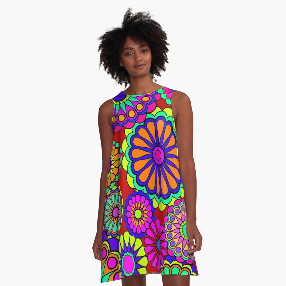 Flower Power Retro Style Hippy Flowers A-Line Dress