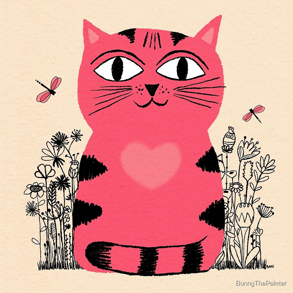 bright eyed pink heart kitty in the flower garden" by