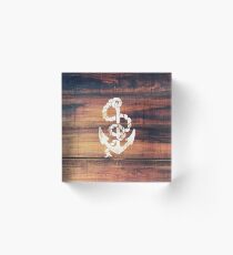 Vintage Nautical Anchor White on Brown Wood Grain Acrylic Block