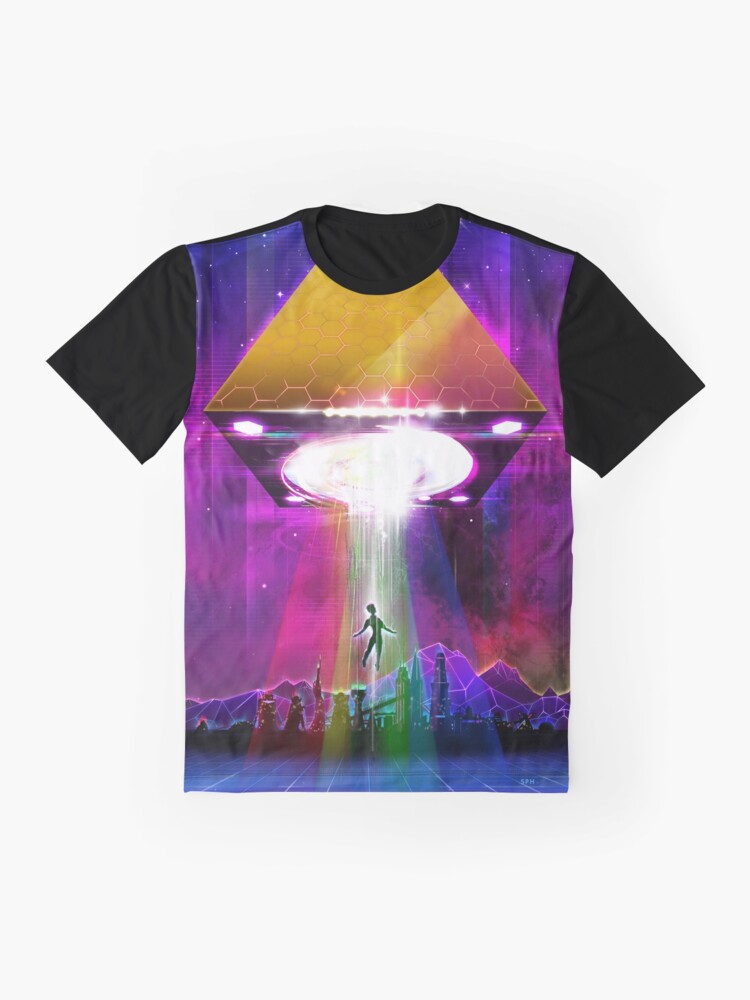 Alternate view of Abduction (Tetra) - Retro Synthwave UFO Pyramid Graphic T-Shirt