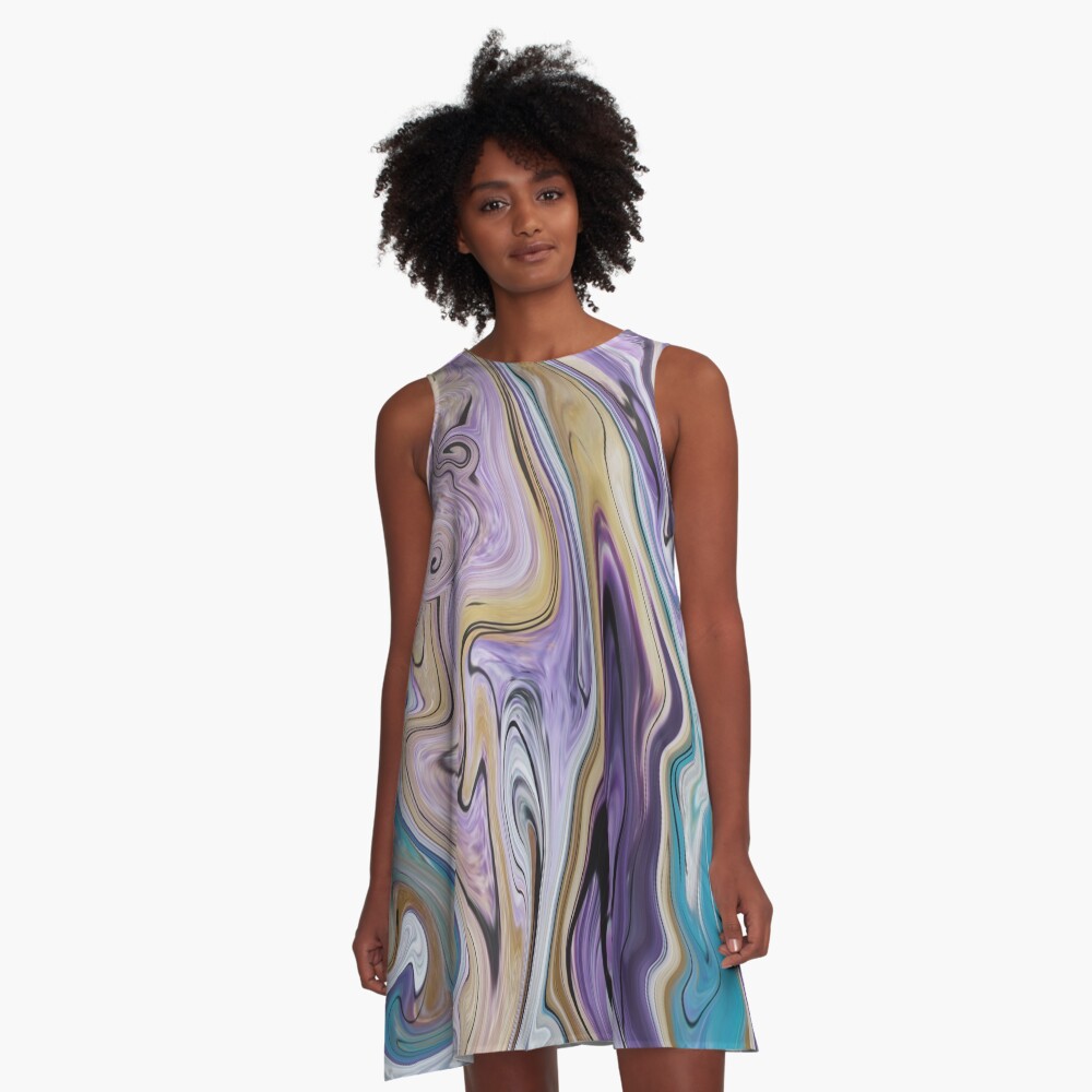 Abstraktes Fluid Painting Wellenmuster Türkis und Beige A-Linien Kleid