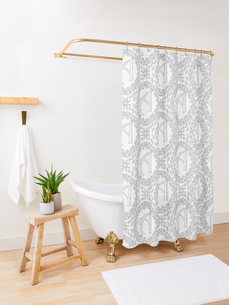 Alternate view of Letter A Black And White Wreath Monogram Initial Shower Curtain