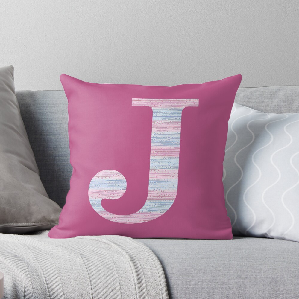 Letter J Blue And Pink Dots And Dashes Monogram Initial Throw Pillow