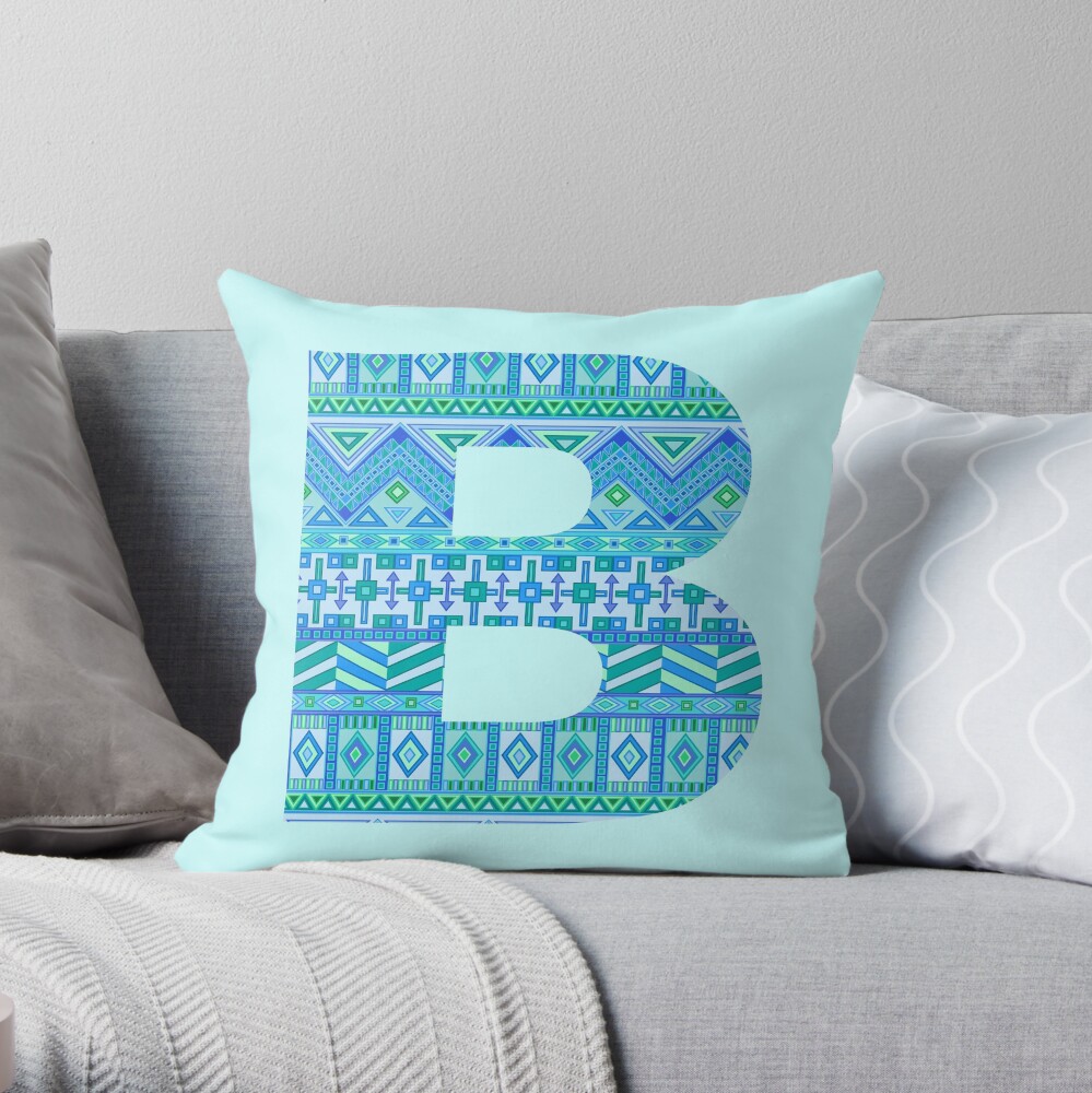 Letter B Blue Aztec Stripes Pattern Boho Monogram Initial Throw Pillow