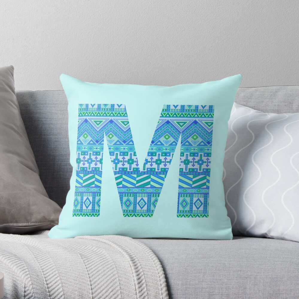 Letter M Blue Aztec Stripes Pattern Boho Monogram Initial Throw Pillow