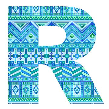 Artwork thumbnail, Letter R Blue Aztec Stripes Pattern Boho Monogram Initial by theartofvikki
