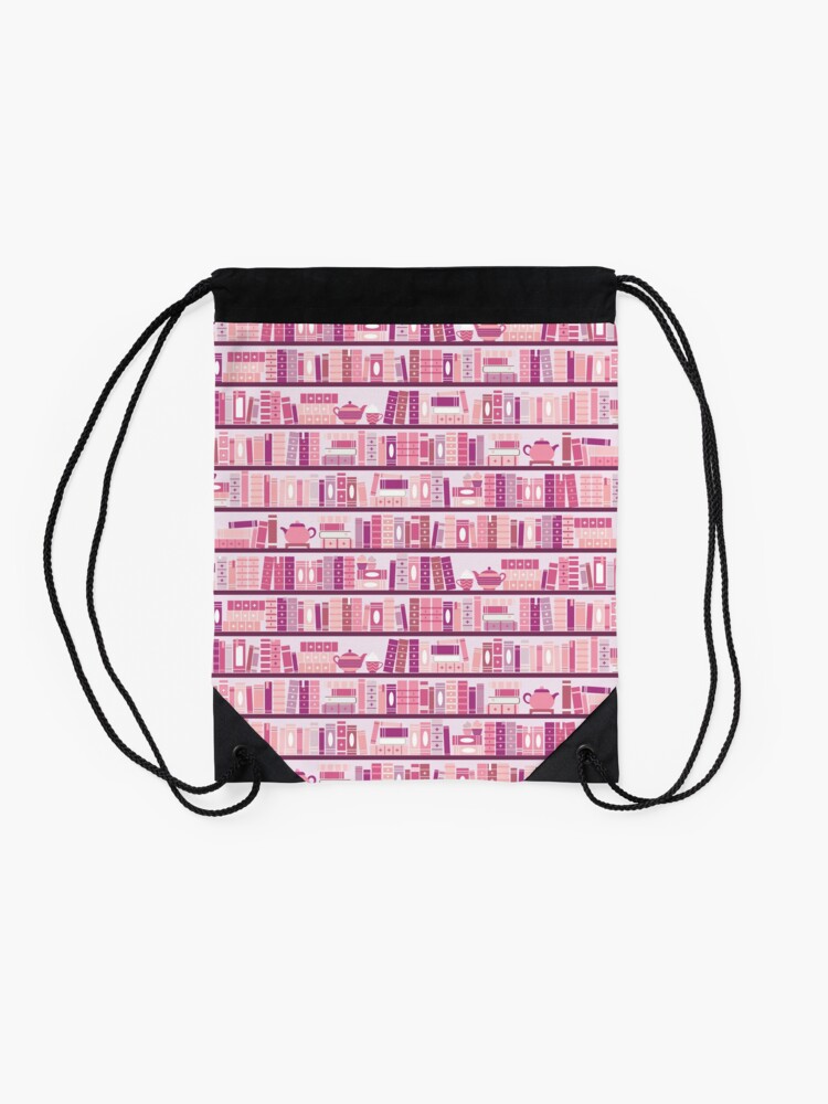 Alternate view of Pink Bookcase Pattern Romance Tea Books Drawstring Bag