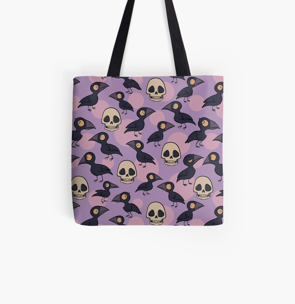 Halloween Ravens and Skulls on Ultraviolet All Over Print Tote Bag